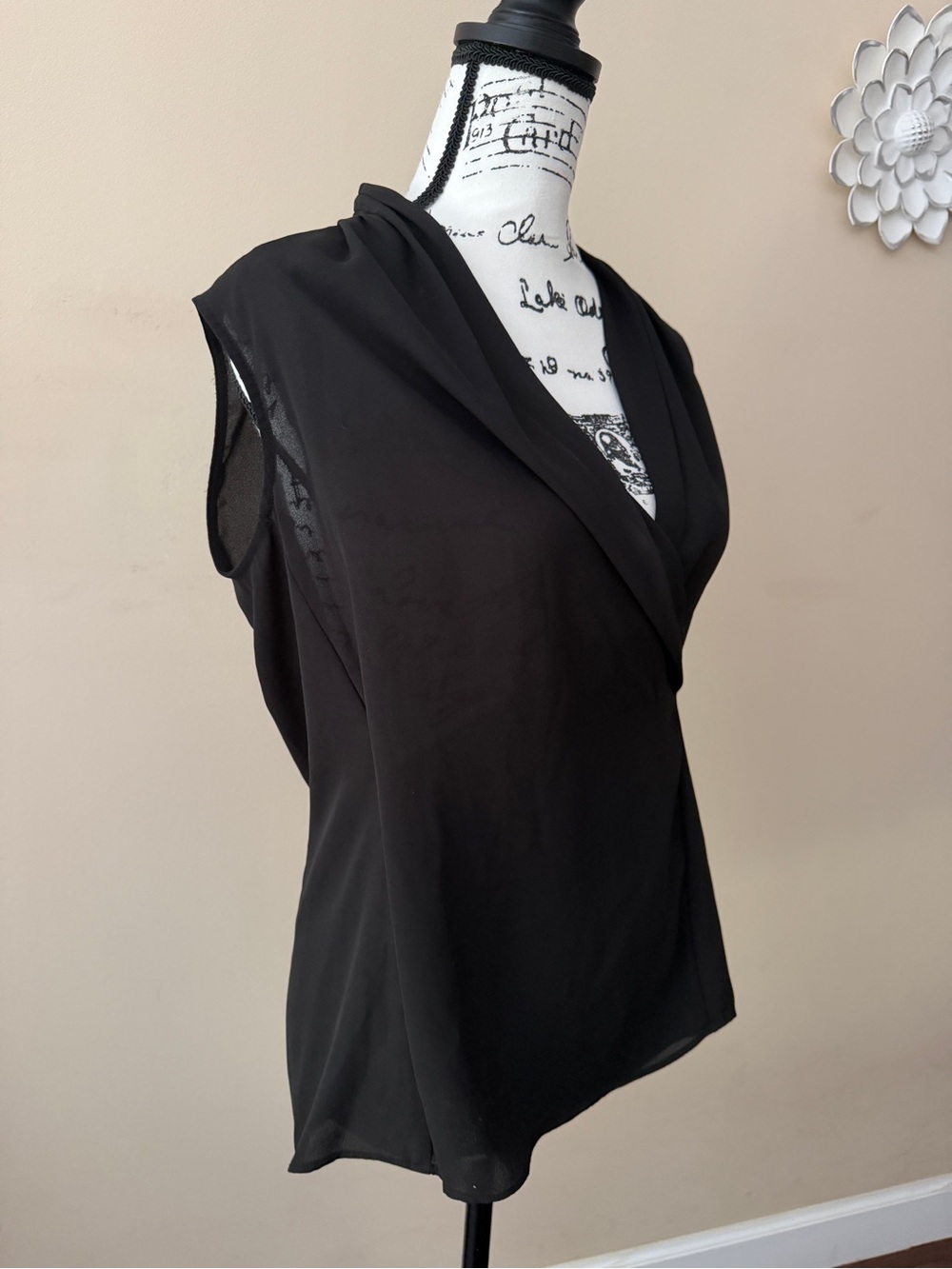 Tahari Black Draped V-Neck Sleeveless Top